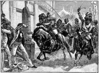 Nasednutí rebelové Sepoyové útočící ulicemi Dillí, indická vzpoura, květen 1857 c1895
