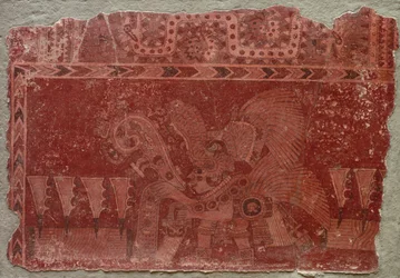 Fragment nástěnné malby s elitním samcem a listy kaktusu Maguey, 500-550.