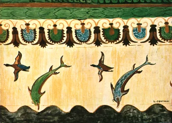 Nástěnný vlys v hrobce lvic Tomba delle Leonesse, Tarquinia, Itálie, 1928.