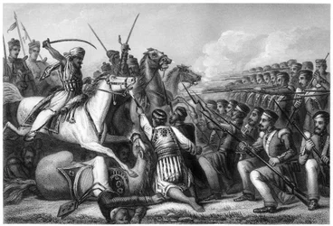 Vzbouřenecká jízda útočící na náměstí pěchoty v bitvě u Cawnpore, 1857, c1860