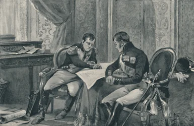 Napoleon a Alexander v Tilsitu při studiu mapy Evropy, 1807, 1896