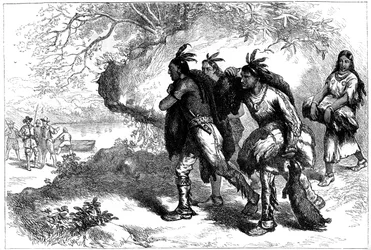 Domorodí Američané přinášející bobří kůže evropským obchodníkům, 17. století c1880