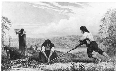 Rodáci z Chiloe, Patagonie, používající prsní pluh, 1839