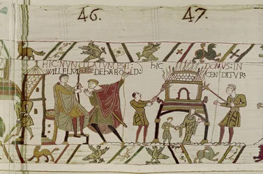 Zprávy o Haroldovi, který je přiveden k Williamovi a dům je vypálen Normany, Bayeux Tapestry (vlněná výšivka na plátně)