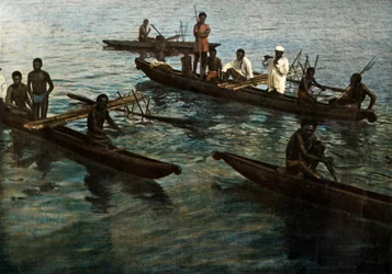 Nová Guinea. Papuánské kánoe, Papua Nová Guinea. Papuánské kánoe, 1900.