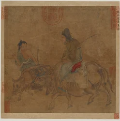 Stará žena na vola, s pastevcem a teletem, možná dynastie Ming, 1368-1644.