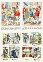 Strana 7 - dětské hry: vojenské cvičení, Útok - Abeceda - Zábava pro děti - Epinal snímky, populární seriál, kolem roku 1890