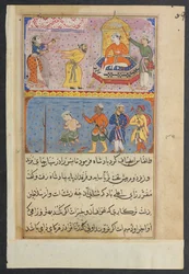 Stránka z Příběhů papouška Tuti-nama: Osmá noc: Princ, jednou osvobozen, c. 1560.