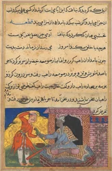 Stránka z Tales of a Parrot Tuti-nama: Desátá noc: Mnich vrací kouzelného papouška..., c. 1560.