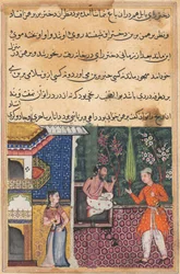 Stránka z Tales of a Parrot Tuti-nama: Třicátá pátá noc: Brahman dává..., c. 1560.