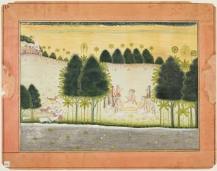Stránka z Bhágavata Purány: Nanda a starší v radě s gopy, c. 1690-1700.