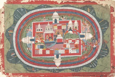 Stránka z rozptýleného rukopisu Bhagavata Purana Život Krišny, ca. 1775.