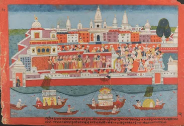 Stránka z rozptýleného rukopisu Bhagavata Purana Život Krišny, ca. 1775.