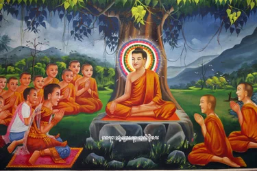 Obraz zobrazující Buddhovo učení pod stromem s králem Bimbisarou v Rajagaha Udong Cambodge