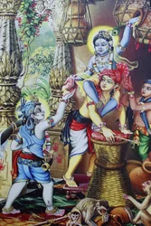 Obraz zobrazující hinduistického boha Krishnaase, jak si dítě hraje se svými bratry. Indie