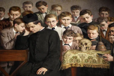 Obraz zobrazující život Dona Boska v Santuario di Maria Ausiliatrice, Valdocco, Turín, Itálie