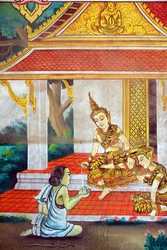 Obraz zobrazující životní příběh Buddhy Šákjamuniho. Wat Naxai. Vientiane. Laos, 20151106, Vientiane, Laos