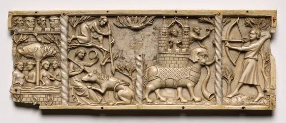 Panel z rakve se scénami z Courtly Romances, 1330-1350 nebo novější.