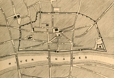 Část moderního Londýna, ukazuje starou zeď, 1897.