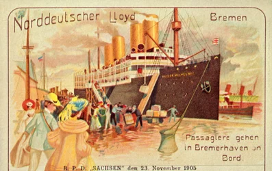Cestující nastoupí na obří SS Kaiser Wilhelm II v Bremerhavenu, 1905.