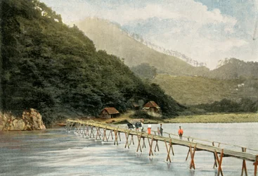 Passerelle Sur La Riviere DArakawa, lávka přes řeku Arakawa, 1900.