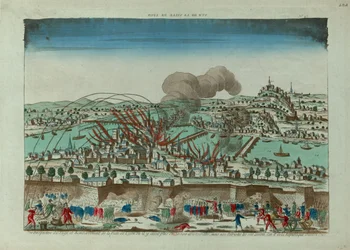 Perspektivní pohled na obléhání a bombardování města Lyon v říjnu 1793, c. 1793.