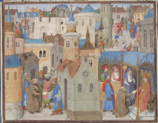 Petr poustevník slyší na koncilu v Clermontu papeže Urbana II. Miniatura z Historia od Viléma z Tyru, 60. léta 14. století