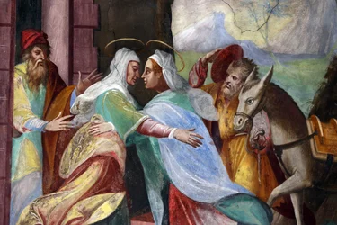 Poutní kostel Madonna del Sasso. Navštívení je návštěva Marie s Alžbětou, jak je zaznamenáno v Lukášově evangeliu, 20160508, Orselina, Švýcarsko