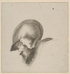 Deska 10: hlava vojáka, ze Základy kreslení I principii del disegno, po roce 1641.