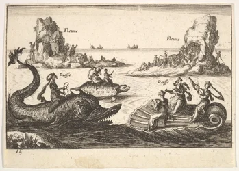 Deska 15: Řeky a bohyně, s plovoucími ostrovy vedenými nosiči tyčí, ženské postavy..., 1664.
