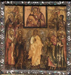 Ikona přenosného triptychu: Uctívání zázračné ikony vladimirské Matky Boží, 1600s.