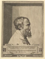Portrét Michelangela z profilu směřující doprava zasazený do výklenku, 1545.