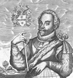 Portrét sira Francise Drakea. Frontispis z The World Encompassed, 1628