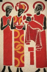 Presentation de Jesus au temple Freska kostela opatství Keur Moussa byla navržena a namalována v roce 1963 Domem Georgesem Sagetem, Keur Moussa, Senegal