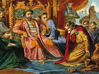 Princ Alexandr Něvský prosí Batu Chána o milost pro Rusko, konec 19. století
