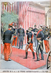 Princ Kotohito Kan při příjezdu do Elysejského paláce, Paříž, 1900