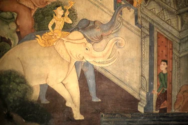 Princ Ráma. Detail nástěnné malby na vnitřních stěnách Vihary z doby krále Rámy III zobrazující Rámakien. Wat Pho - Wat Phra Chetuphon. 1788. Bangkok. Thajsko