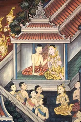 Princ Ráma a Síta. Detail nástěnné malby na vnitřních stěnách Vihary z doby krále Rámy III zobrazující Rámakien. Wat Pho - Wat Phra Chetuphon. 1788. Bangkok. Thajsko