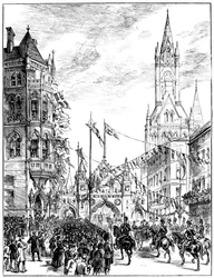 Průvod se blíží k radnici, Manchester, 1887