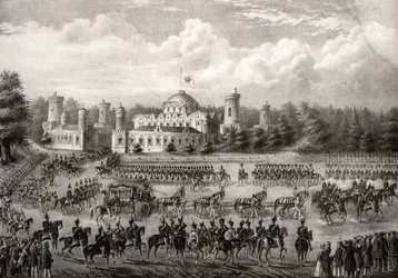 Průvod cara Mikuláše I. z Petrovského paláce do Uspenského chrámu během jeho korunovace v roce 1825, 1826