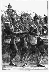 Pruští vojáci na pochodu, francouzsko-pruská válka, září 1870