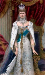 Královna Alexandra v úplném korunovačním rouchu, 1902