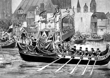 Říční korunovační průvod královny Alžběty, Londýn, 1558, kolem roku 1905