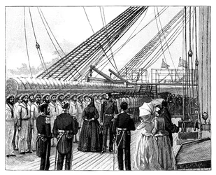 Královna Viktorie kontroluje HMS Galatea, Osborne Bay, 60. léta 19. století