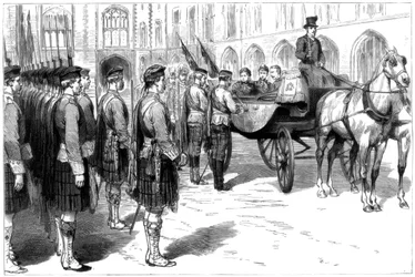 Královna Viktorie obdrží staré barvy Seaforth Highlanders, Windsor, 1885