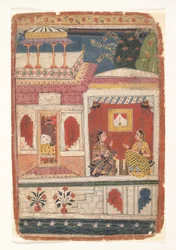 Radha a její důvěrník sedí v otevřené místnosti: Stránka z rozptýlené Rasikapriya, ca. 1680-90.