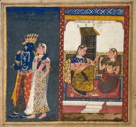 Rádha a Krišna objímající se, list z Gita Govindy, c. 1650.