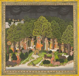 Rádha a Krišna se setkávají v lese během bouře, c. 1770.