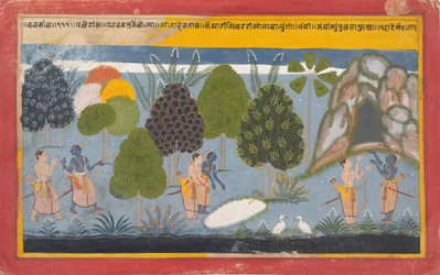 Ráma a Lakšmana marně hledají Sítu: Ilustrované folio..., ca. 1680-90.