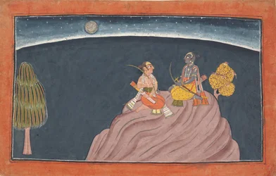 Ráma a Lakšmana na hoře Pavarasana: Folio ze série Shangri Ramayana..., c1690-1710.